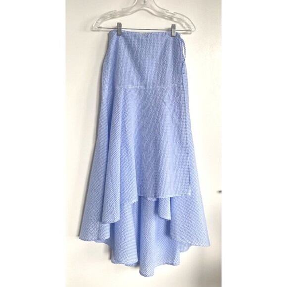 NWT GANNI Charron Asymmetric Wrap Midi Skirt Light Blue Gingham Size 4 - Picture 10 of 12